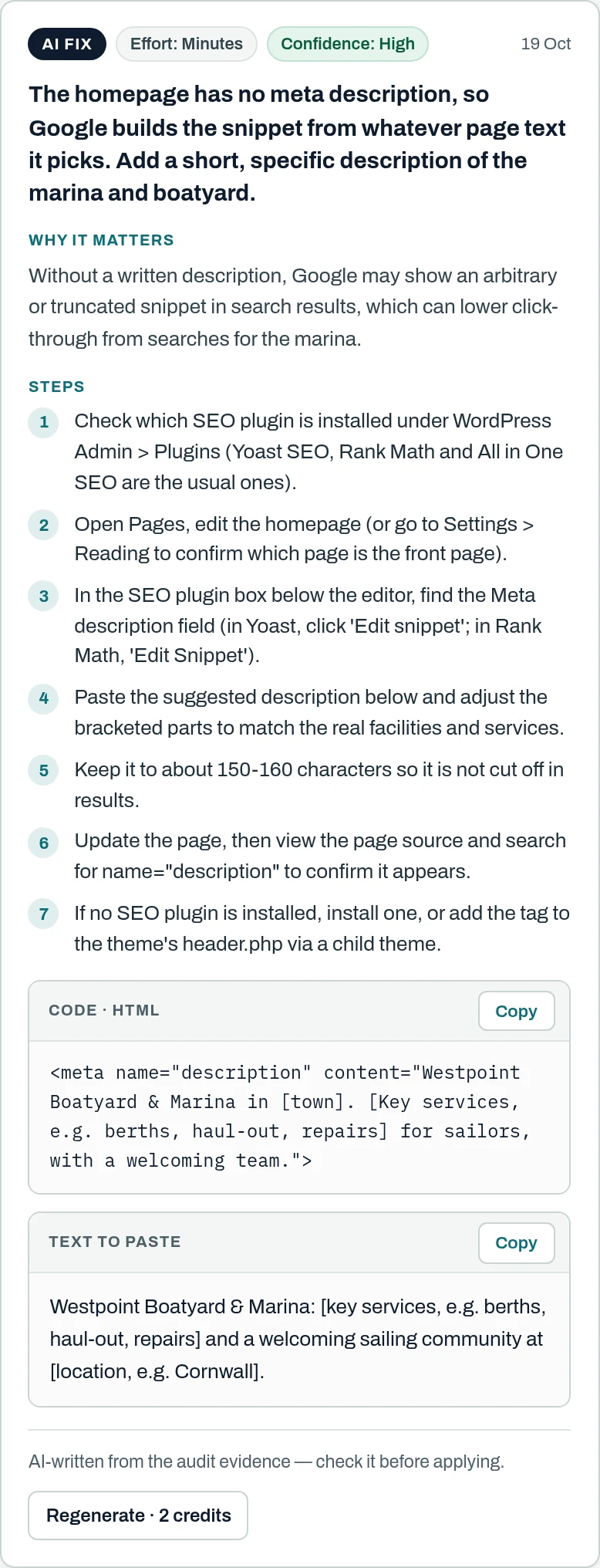 An AI fix for a missing meta description: effort and confidence, why it matters, seven numbered WordPress steps, the HTML tag and text to paste with copy buttons